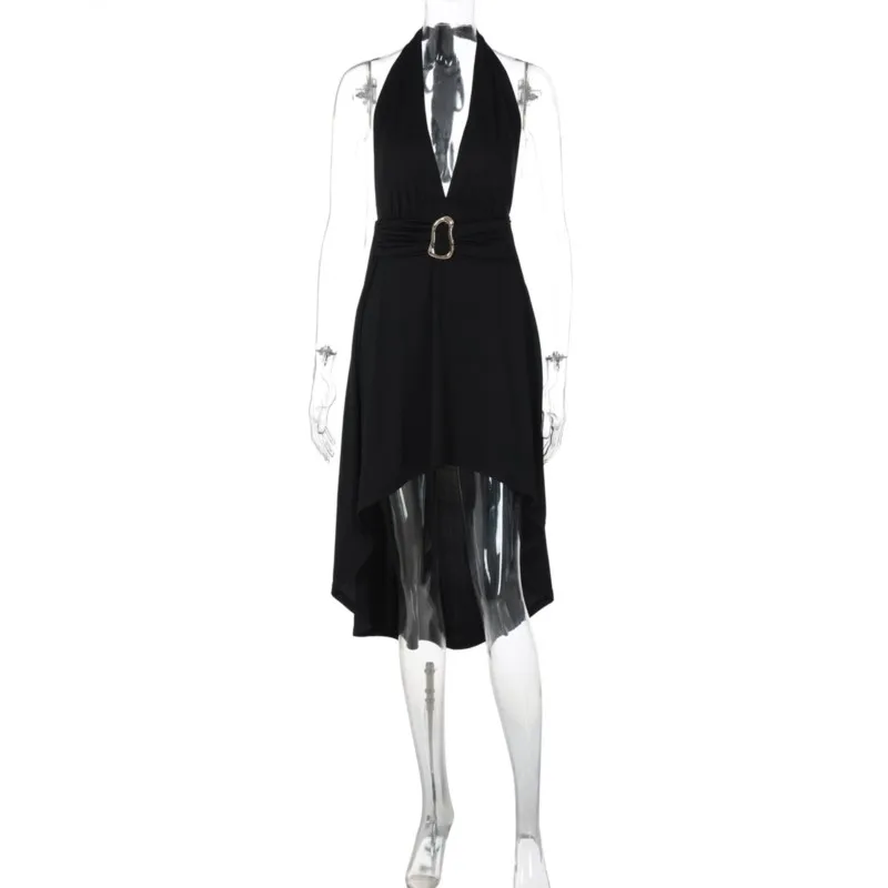 فستان مثير فساتين فيستدوس 2025 امرأة فيستدو Femininos تشديد الخصر الخامس الرقبة بلون غير النظامية حزام مأدبة بلا أكمام