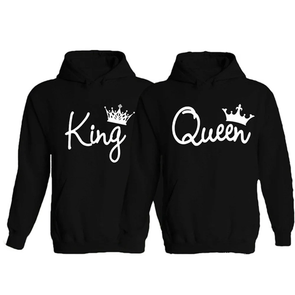 KING QUEEN Men\'s and Women\'s Couple Printed Hoodie 100% Cotton Short sleeved T-shirt Plus Size