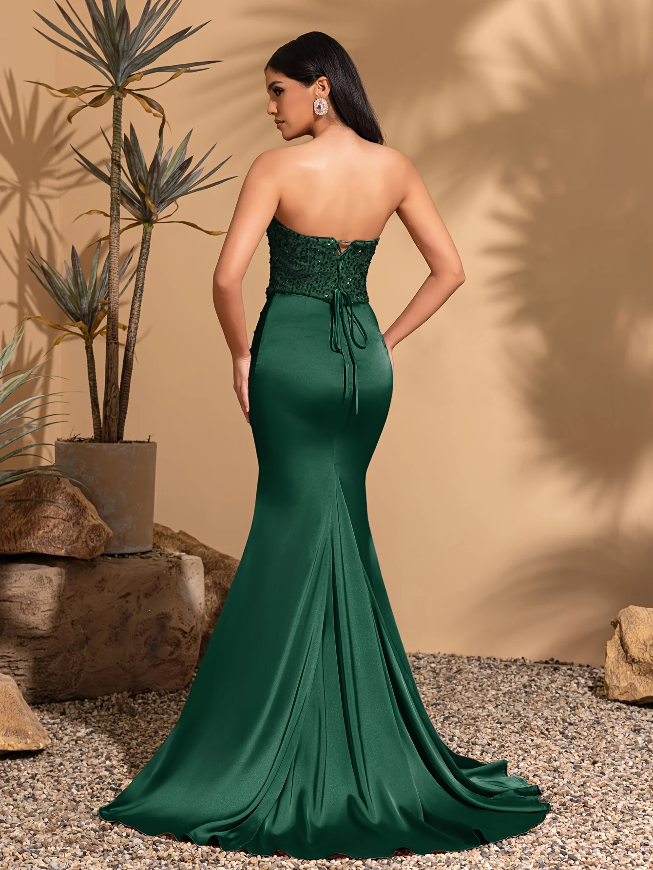 Satin pleated floor-length sequined patchwork strapless dress with back ties image 2