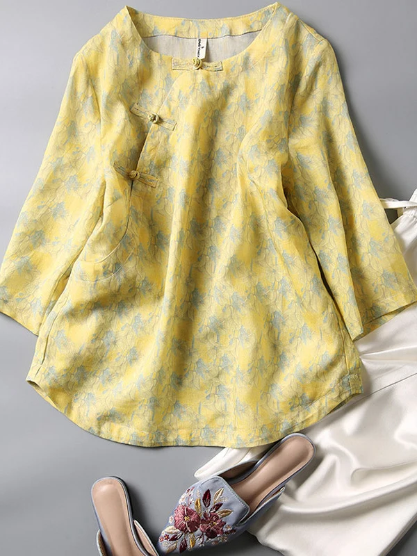 

Новая китайская женская модная блузка свободного кроя с принтом, на косых пуговицах, с манжетами на рукавах, в стиле костюма для чаепития, летняя, для повседневной носки