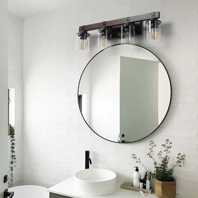 

27" Rustic 4-Light Wall Sconce, Industrial Bathroom Light with Glass Shades and Wood Accents, Modern Farmhouse Fixture (Bulbs Not Included)