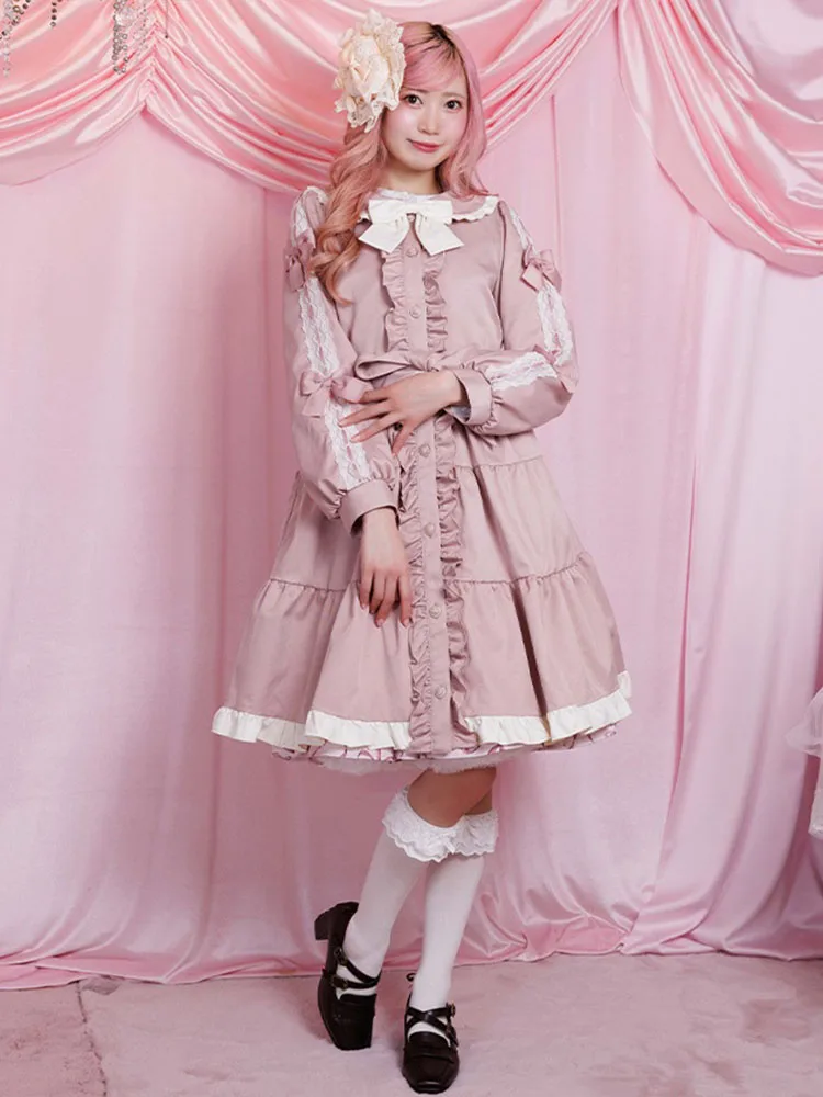 

Пальто с кружевной отделкой и бантом, из полиэстера, со съемным поясом, средней длины, на одной пуговице, однотонное