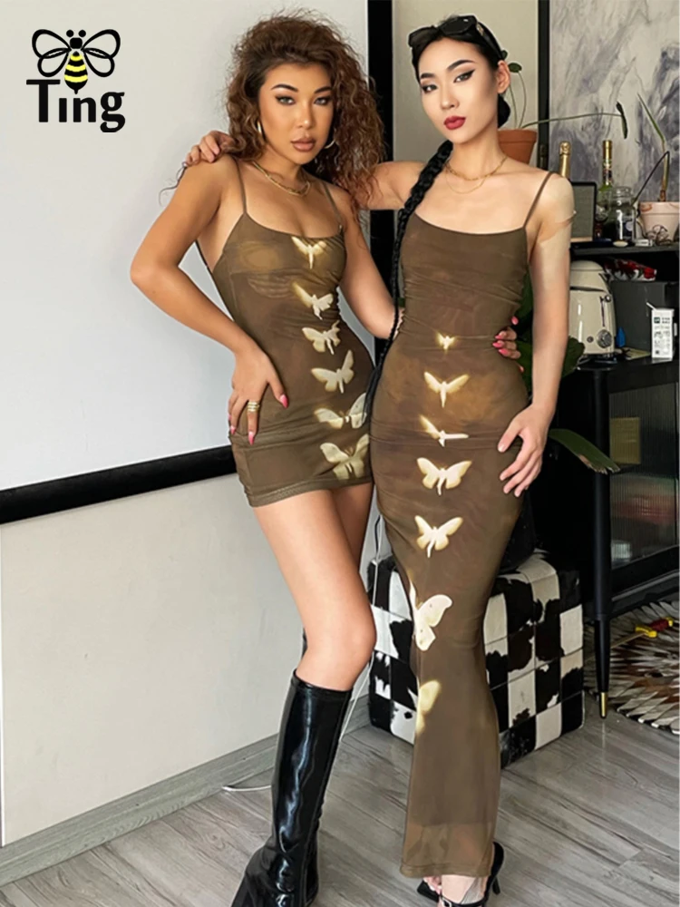 Tingfly Designer Fashion Butterfly Women Summer Sexy Bodycon Fitness Slim Midi Long Club Night Dresses Goblincore Y2K Dress