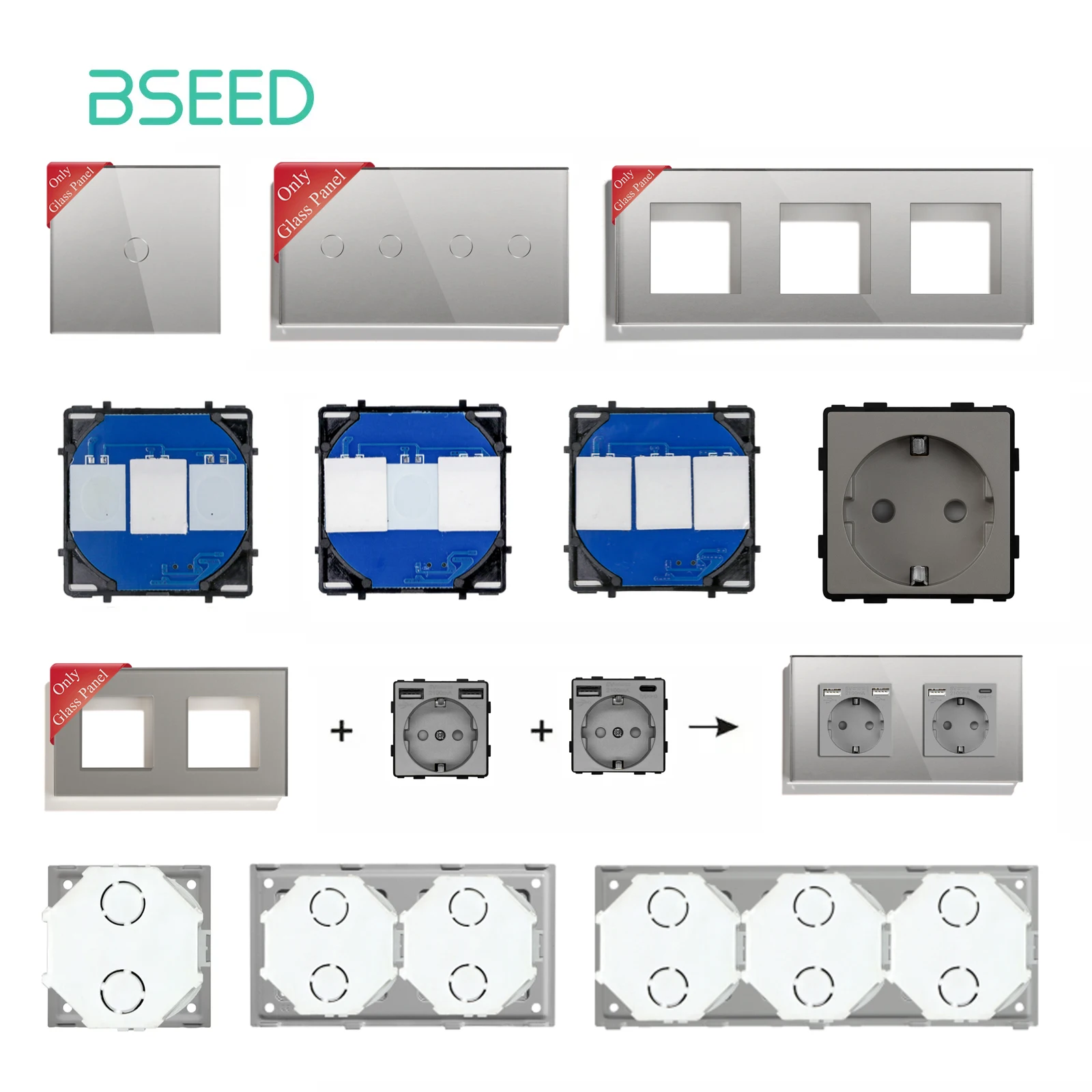 BSEED Wall Switches Glass Panel Parts White Touch Light Switches Function Parts Power EU Sockets USB C Phone Charge Port Sockets