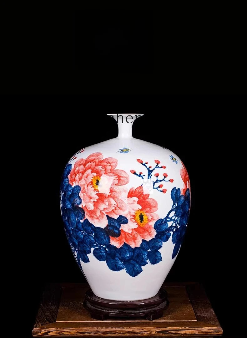 ZYY Chinese living room ceramic vase hand-painted peony bottle modern home decoration ornament