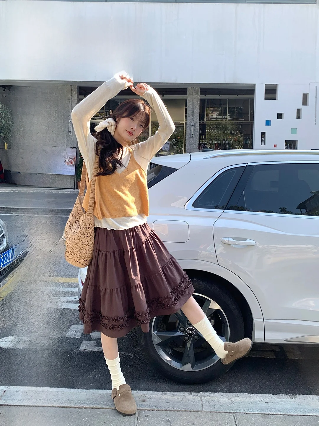 

Korean Sle Long Sve Vest Knitted Sweater Two Piece Set Sweet Ladylike Staable Sweetheart Bandage Soft Acrylic Blend