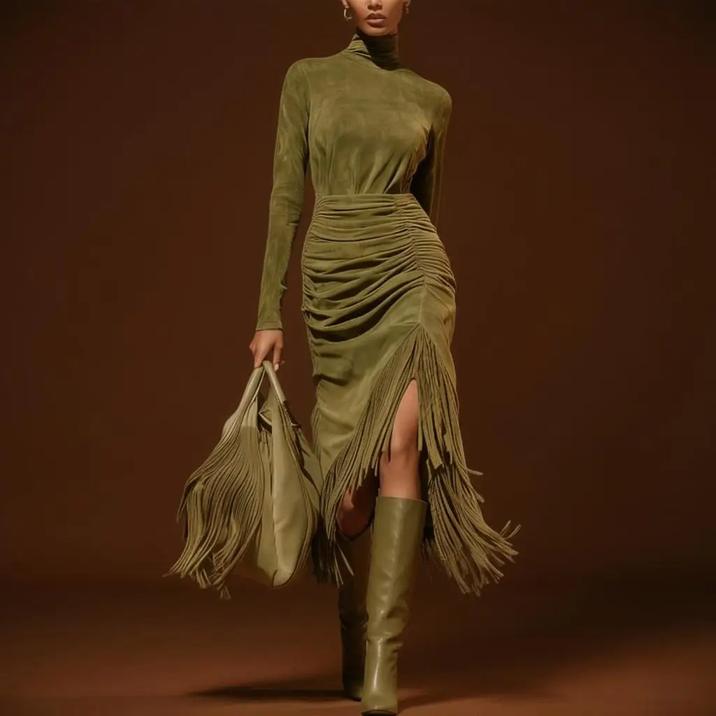 Frauen Elegante Temperament Kleid Sexy Quaste Design Rollkragen Bequeme Kleid Dame Täglichen Anmutige Einfarbig Langes Kleid