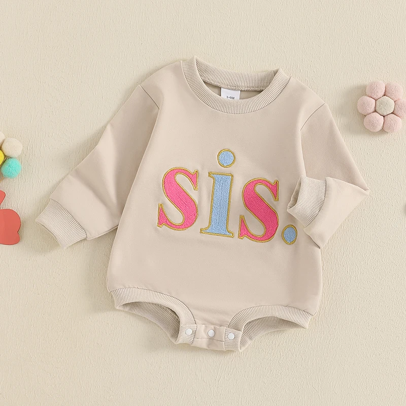 Baby Girl Fall Romper Letter Embroidery Long Sleeve Crew Neck Bubble Jumpsuit for Fall Winter