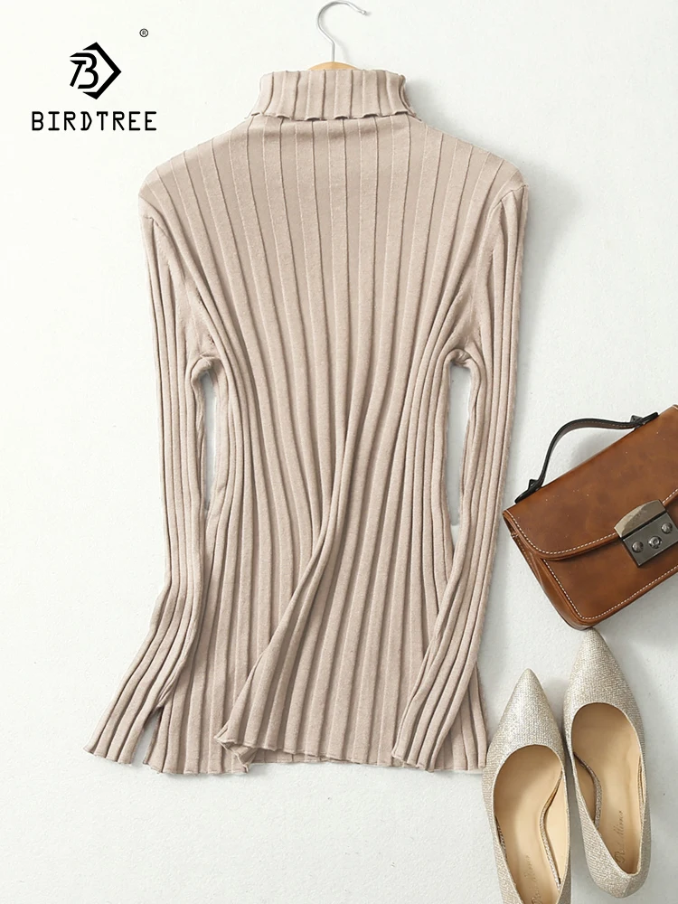 Birdtree 70% Silk 15% Cashmere Elegant Sweater Women Turtleneck Ribs Solid Slim Fit Pullover 2023 Fall Winter Knit Tops T36060QC