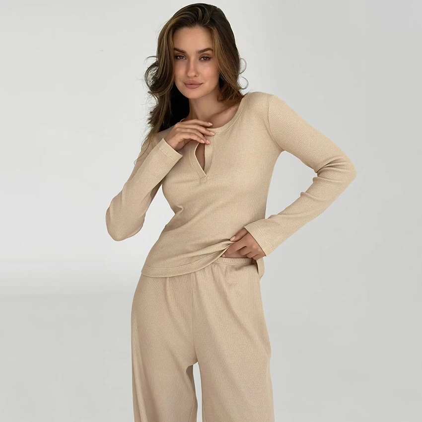

Hiloc Casual Waffle Khaki Women'S Pajamas 2 Piece Set Solid Round Neck Long-Sleeve Top Spring Elastic Waist Trousers New 2025
