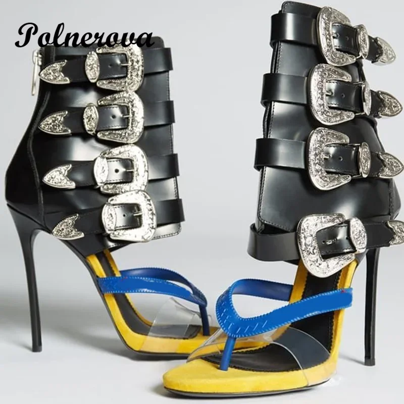 Sexy Flip Toe Metal Buckle Sandals Mid Calf Sandal Boots Stiletto Heels Zipper Women Shoe Summer Sandalias De Mujer Verano