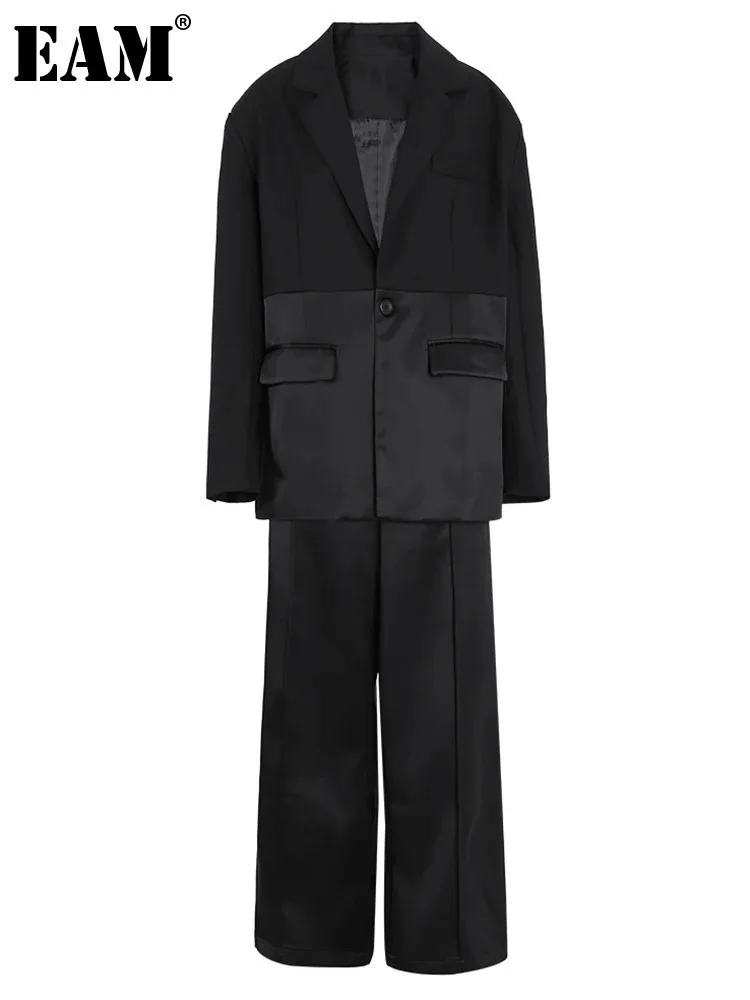 

[EAM] Big Size Black Blazer Wide Leg Pants Two Piece Suit New Lapel Long Sleeve Women Fashion Tide Spring Autumn 2024 CPG1144