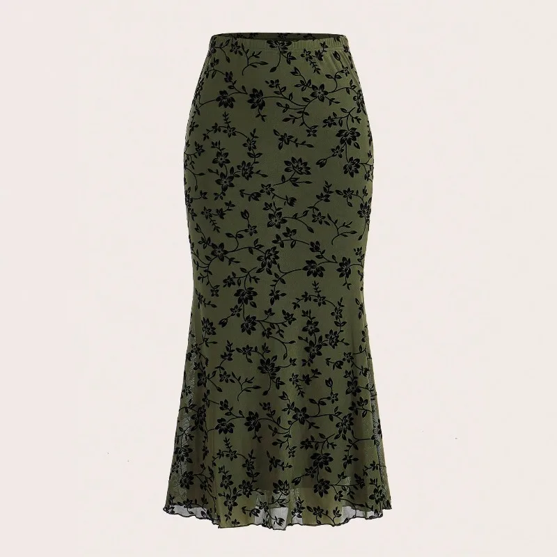Spring 2026 New Style Casual Floral Halter Fish Tail Skirt Elegant Green Women's Midi Skirt Flattering Silhouette Polyester