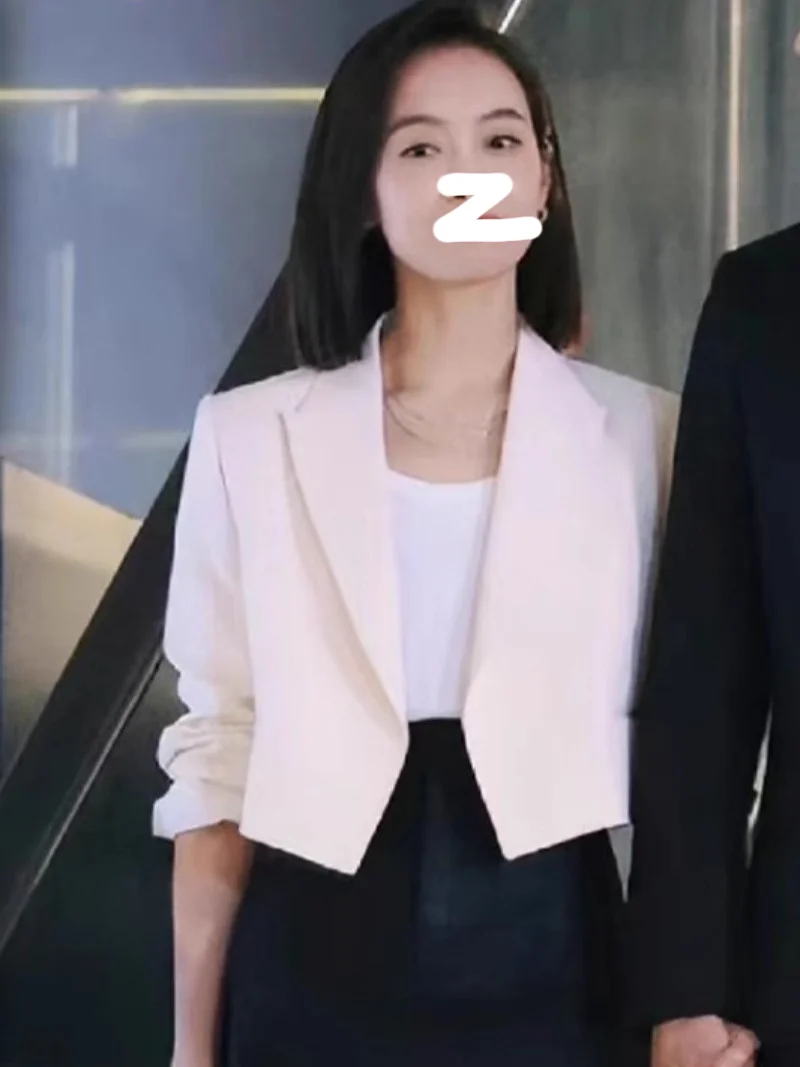 

White Short Professional Suit Jacket for Women EXJR Translation Official Stylish Trendy Pure Color Versatile Long Sleeve