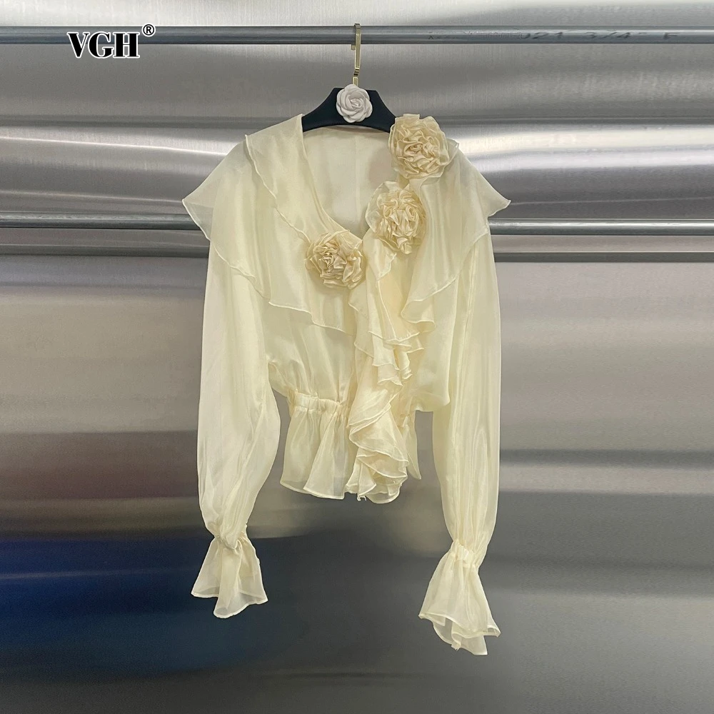 

VGH Solid Spliced Appliques Blouses for Women V Neck Pathwork Ruffles Long Sleeves Slimming Temperament Blouse Female Fashion