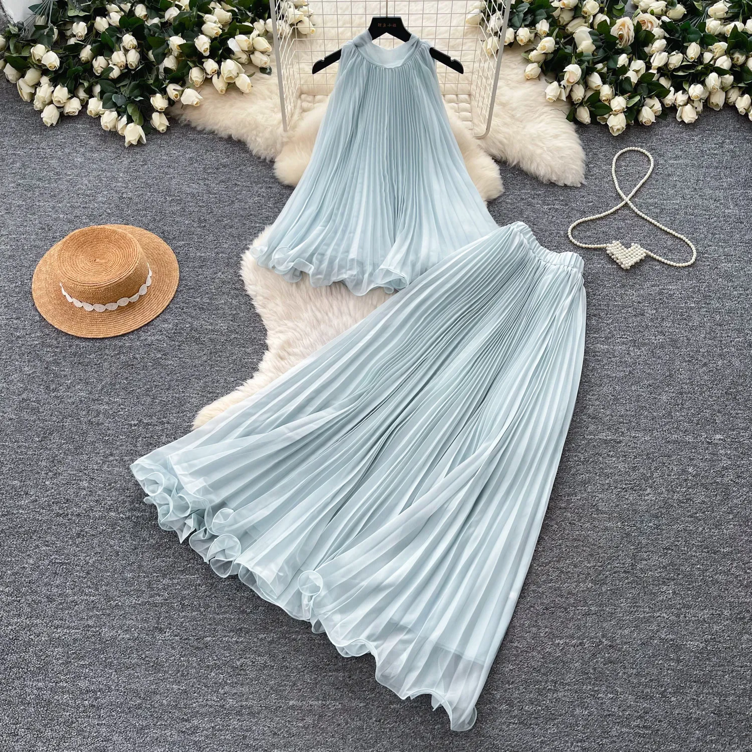 

Women Two Piece Sets Skirt Set Round Neck Sleeveless Tops Long Skirts A Line High Waist Y2k Streetwear Elegant Work Summer 2026
