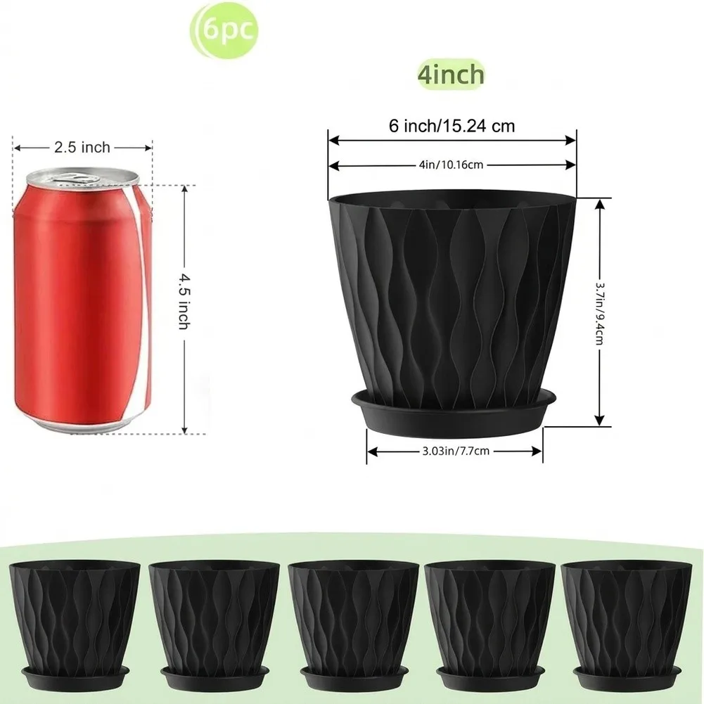 6 Pack 4 inch 6 inch Polypropylene Plant Pots with 48 Drainage Holes Matte Finish Striped Design for Indoor Outdoor Use