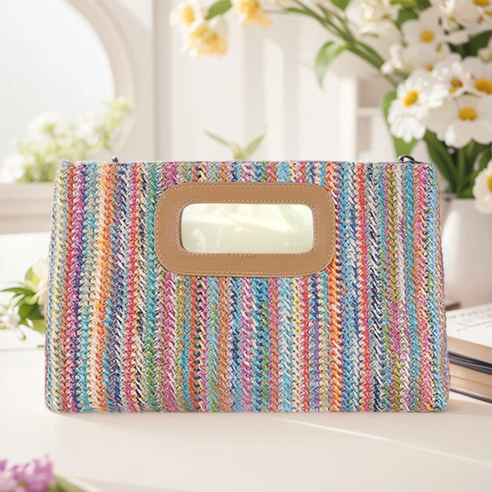 Women Straw Woven Bag Top Handle Clutch Bag Chain Strap Weaving Tote Bag Hasp Closure Simple Shoulder Purse Summer Vacation Tote