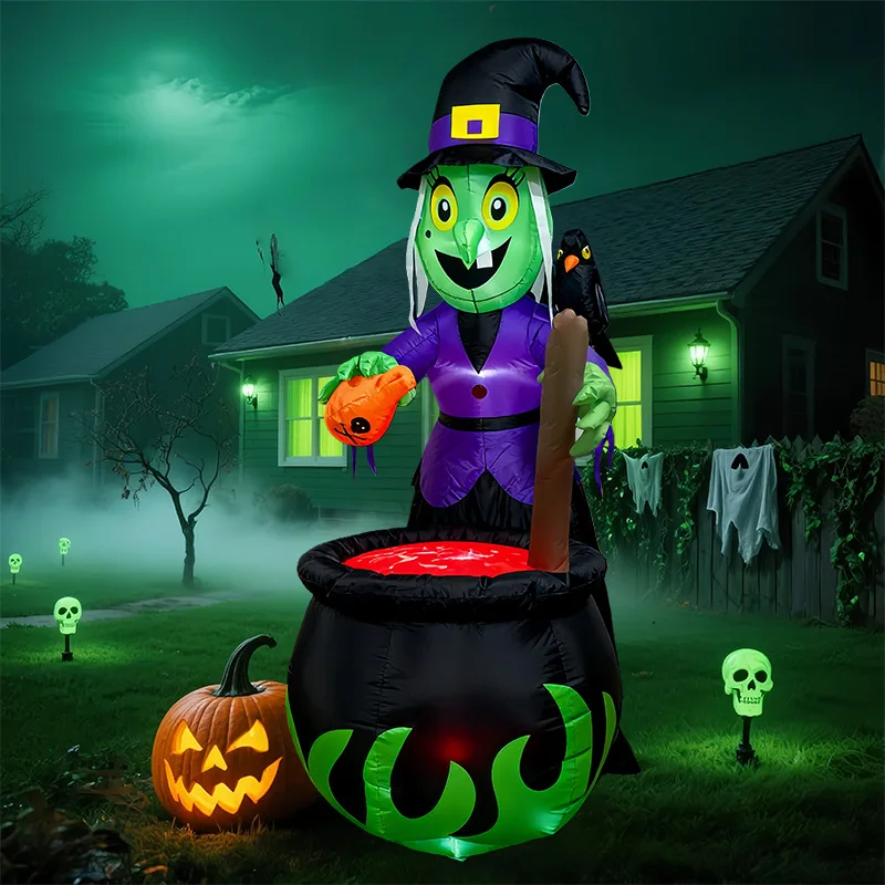 

1.8 Meters Halloween Inflatable Air Model Witch Stands on Crow Shoulder, Cauldron, Terrifying Atmosphere Refining Magic Potions