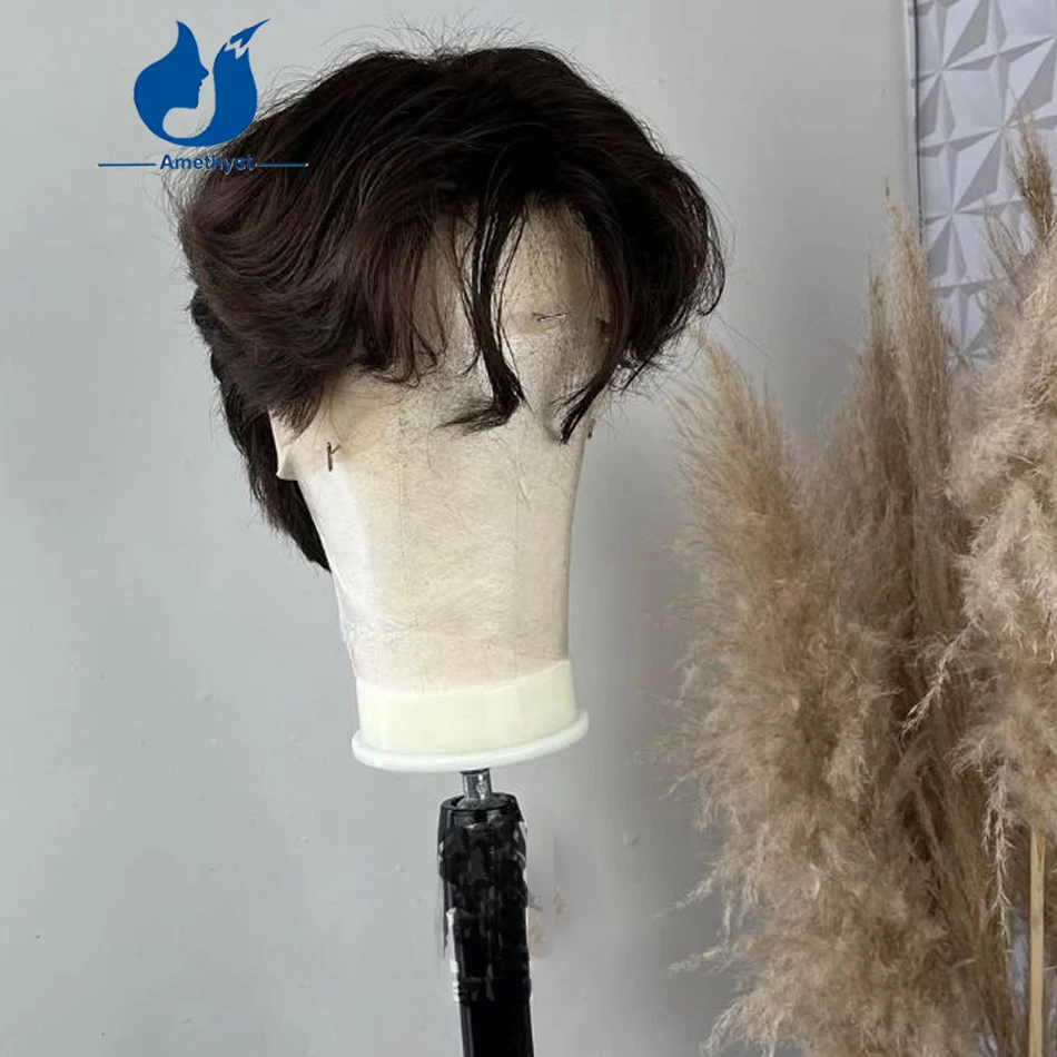 Amethyst Natural Human Hair Full Lace Wig for Men Short Cut with Layered Wolf Cut in Front Brazilian Remy Hair with Sideburns