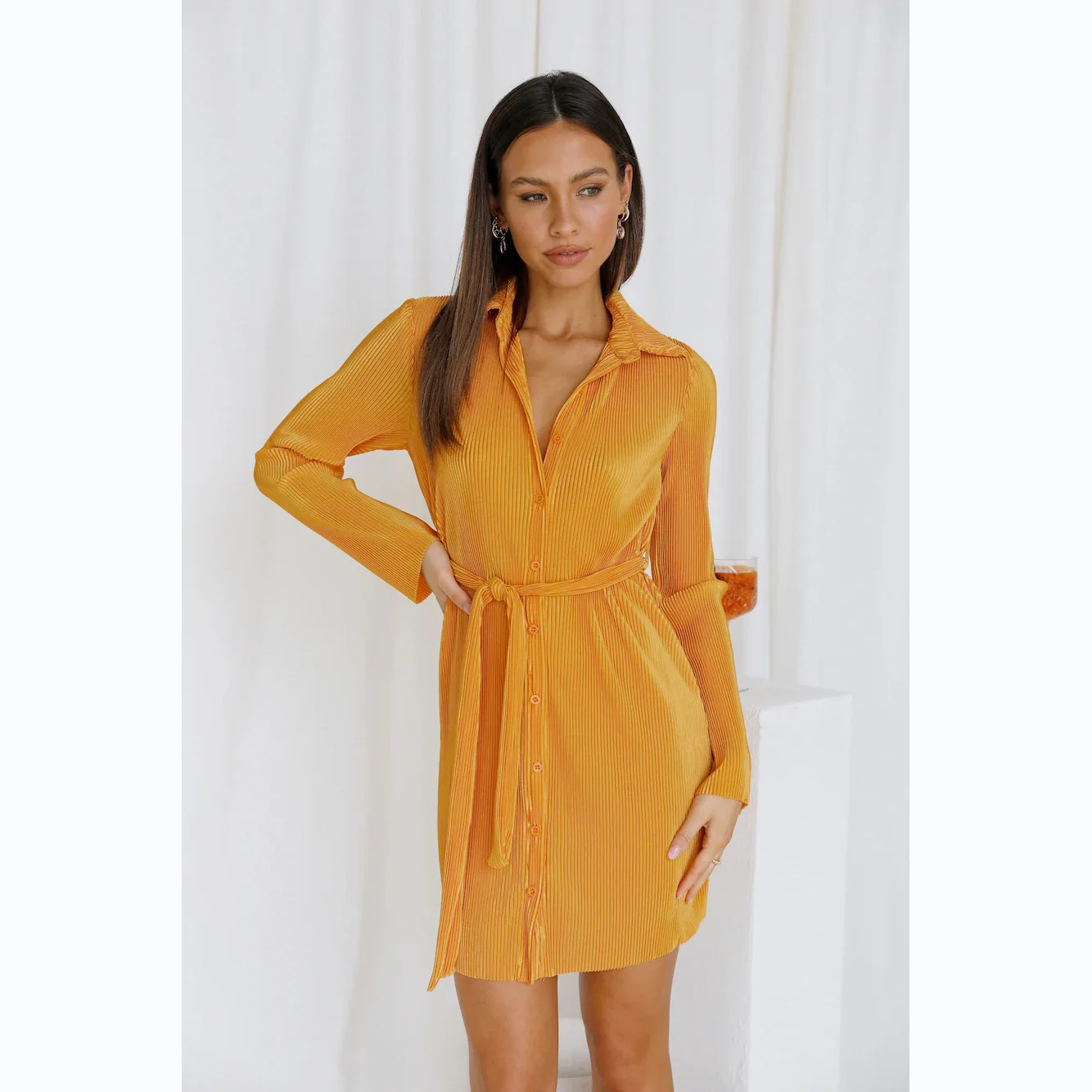 

2025 Ins Spring/Summer New Solid Color Folded Single Breasted Shirt Dress 22124