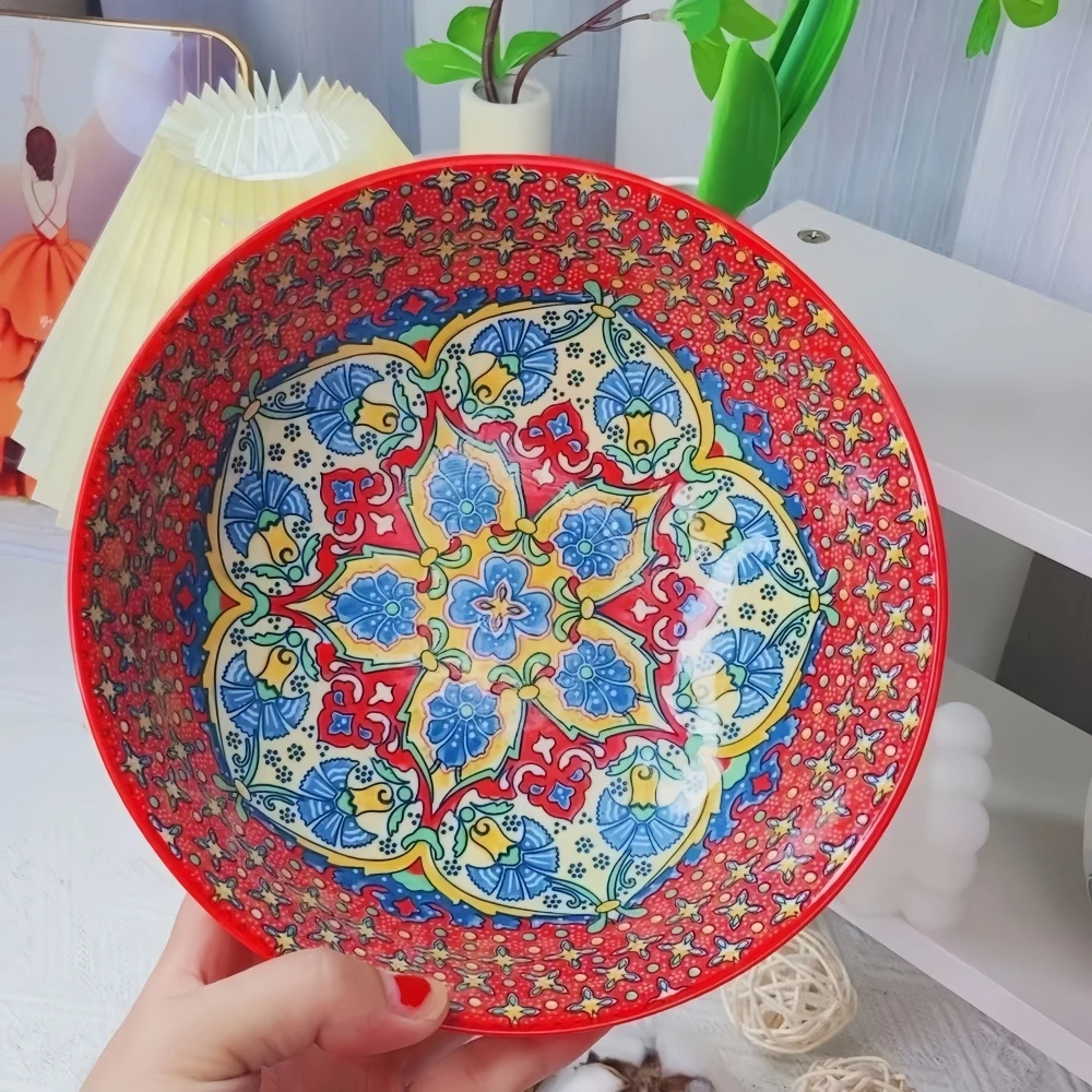 Hand-painted Bohemian Ceramic Plate Home Creative Western Food Plate Fruit Plate Low Side Round Plate Oven Microwave Safe to Use