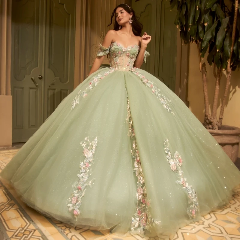 

Sage Green Shiny Quinceanera Dresses Off The Shoulder Applique Flower Beads Bow Tull Corset Party Birthday Sweet 16 Dress Vestid
