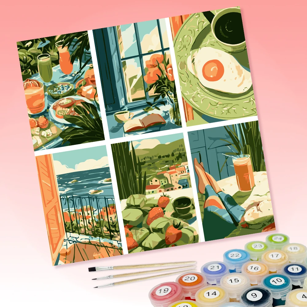 6 Stücke DIY-Malereien mit Picknick-, Nachmittagslese- und Meerelementen, geeignet zur Wanddekoration im Haus. – Detail 1