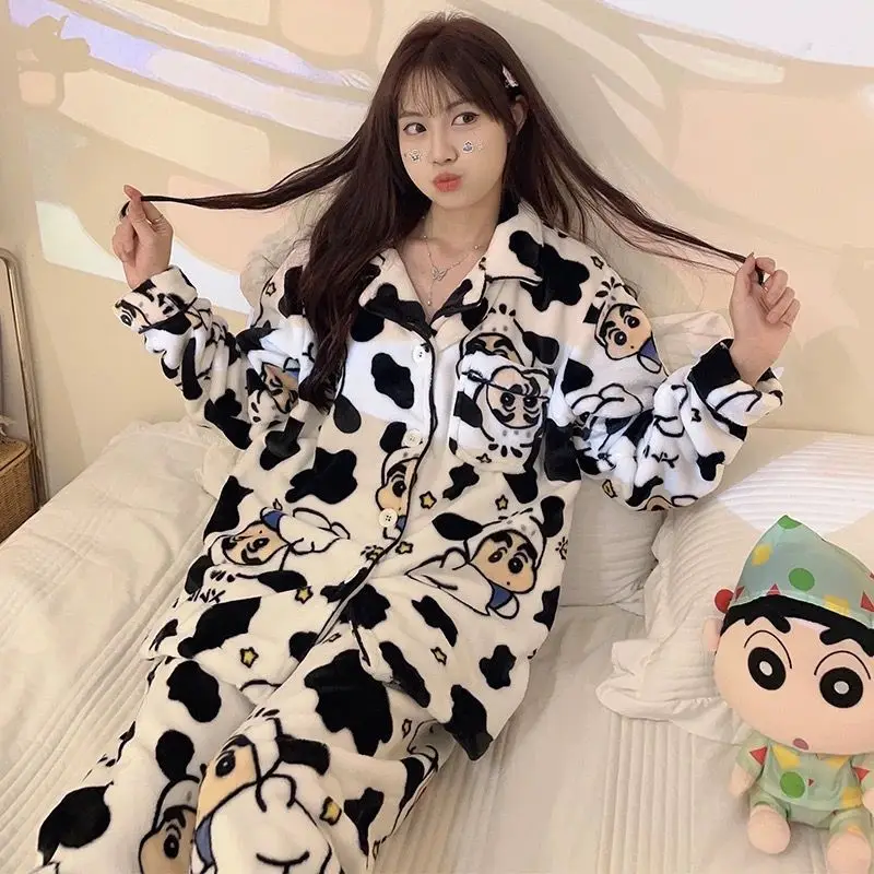 2025 New Coral Velvet pajamas,  Cartoon Crayon Shin chan Crocodile Party, Cute Hello Kitty Autumn/Winter Home Furnishing Set