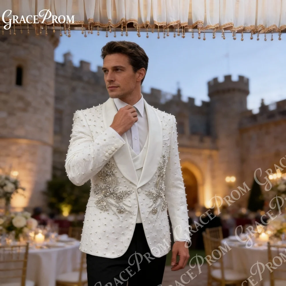

High End White Pearl Beaded Men Tuxedo 3 PCS 2026 Gold Groom Suit For Wedding Party Best Man Formal Prom Blazer Elegant Slim Fit