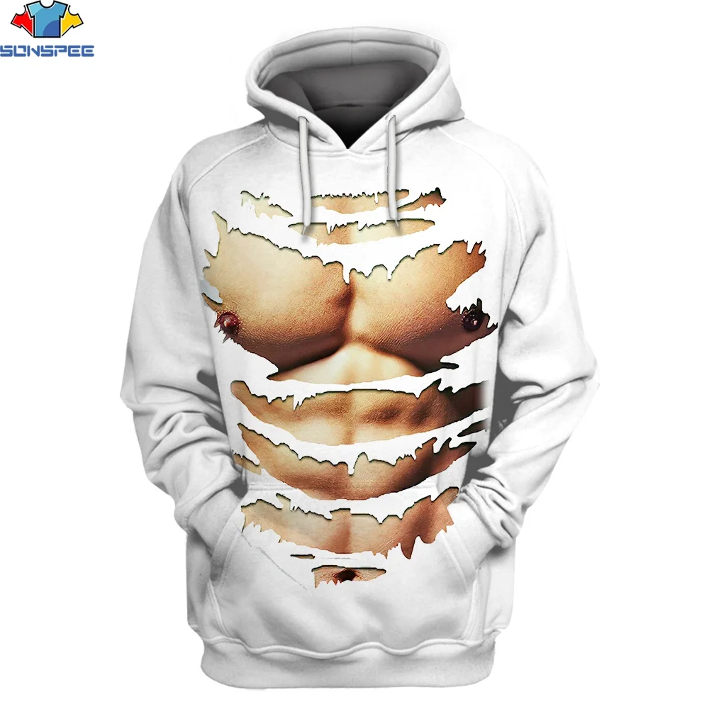 SONSPEE 3D Print Autumn/Winter Men Women Long Sleeve Hoodie Sexy Pectoral Muscles Hole Funny Popular Sport Hip Hop Pullover Coat