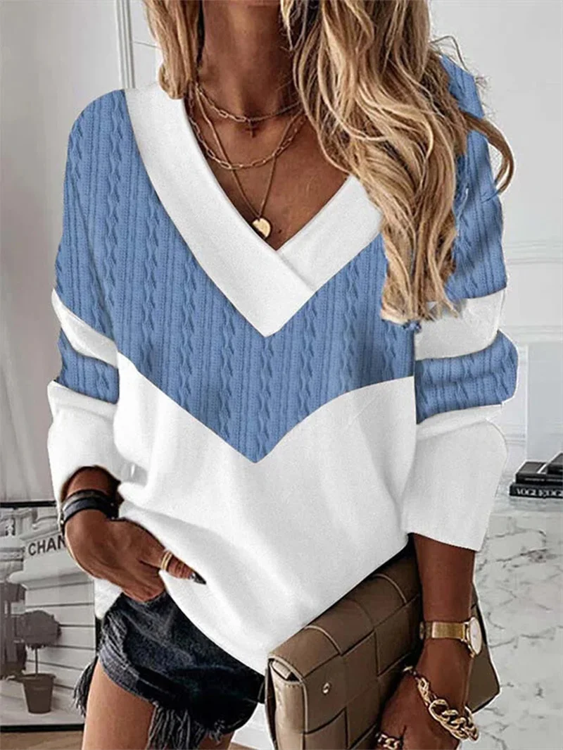 Women's Splicing V Neck Casual T-Shirt Elegant Long Sleeve Pullover Tees Female Autumn Fashion Street Digital Print Daily Tops