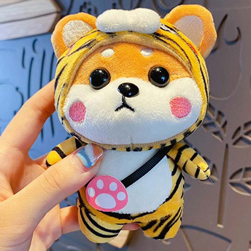 Cartoon Pink Strawberry Shiba Inu Plush Doll Toy Keychain Cute Tiger Puppy Pendant Keyring Student Backpack Women Bag Key Chain