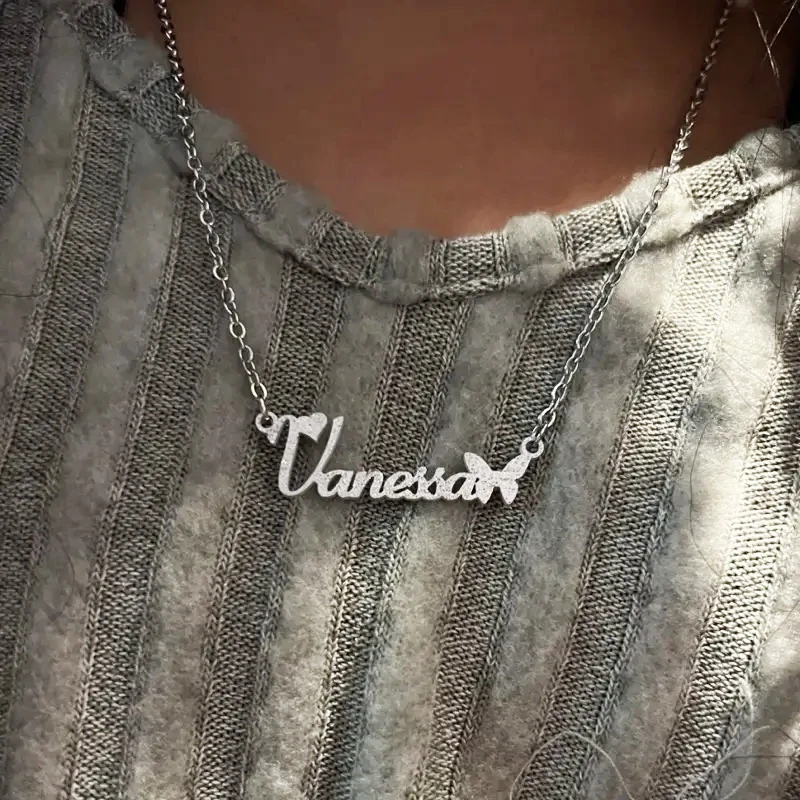 

Custom Name Butterfly Pendant Necklace Frosted Stainless Steel Nameplate Chain Jewelry for Women Birthday Valentine's Day Gift