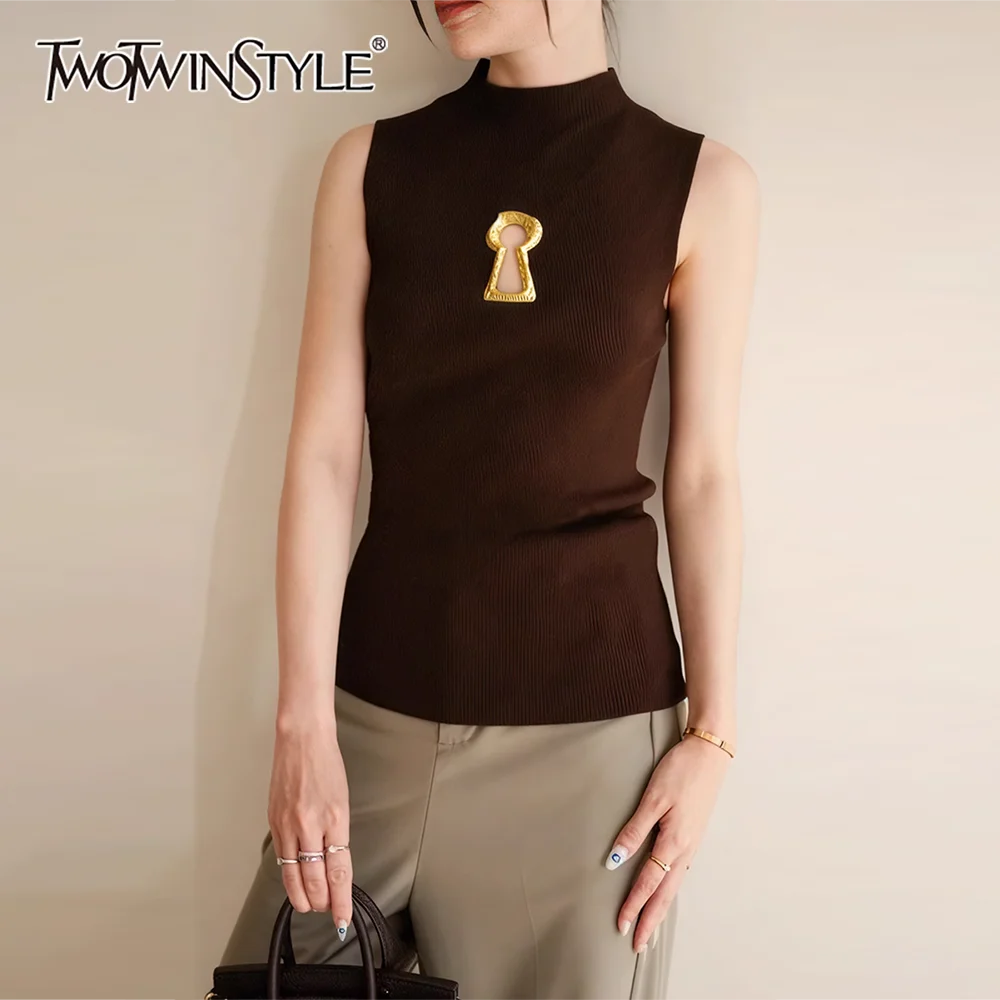 

TWOTWINSTYLE Solid Spliced Hollow Out Korean T Shirt Female Turtleneck Sleeveless Loose Casual Women's T Shirts Autumn Fashion