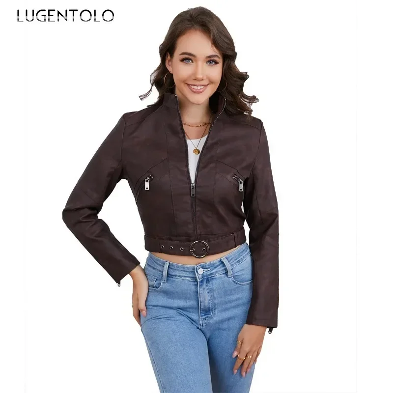 Women PU Jacket Fall 2024 Outdoor Faux Leather Biker Fashion Belt Long Sleeve Zip Cardigan Tops Elegant High Street Wear Coat