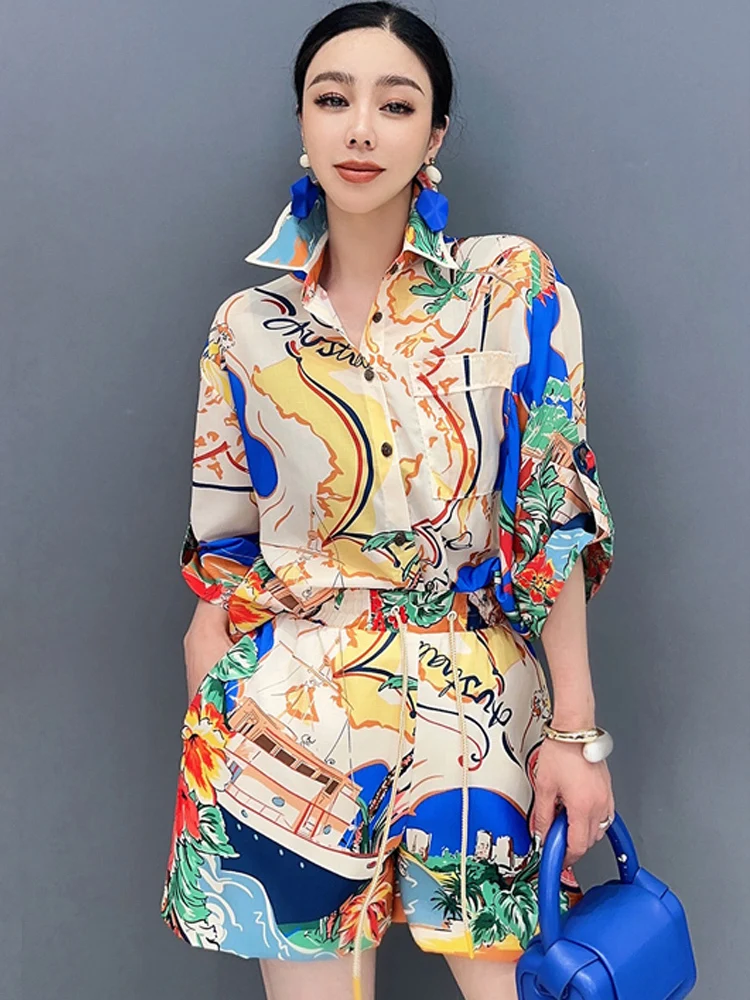 Vefadisa 2024 Summer New Shorts Set Printed Short sleeved Shirt Lace up Shorts Casual Elegant Loose Women's Set WXY075