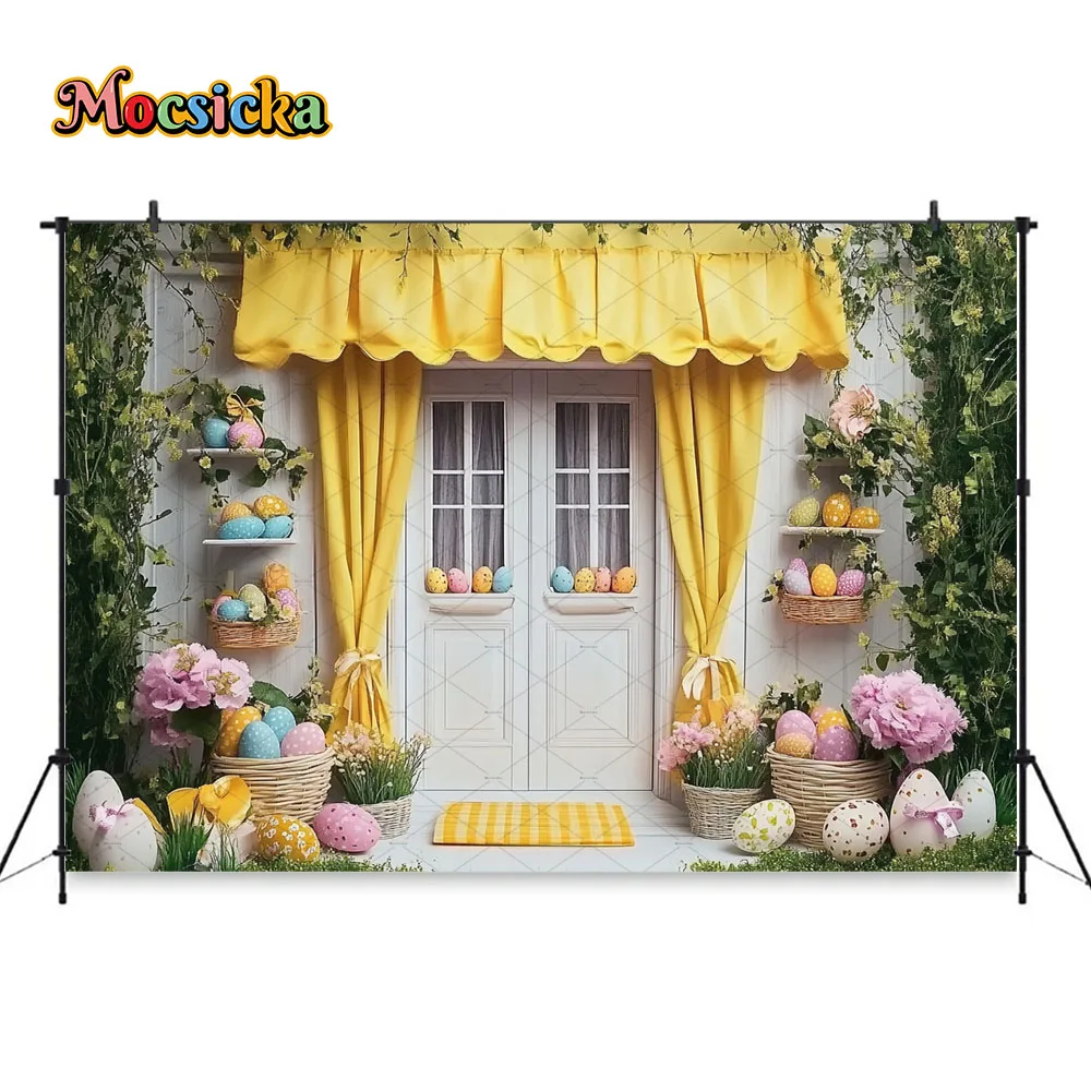خلفية تصوير لعيد الفصح لعرض الطفل، ستائر صفراء، باب خشبي ريفي، خلفية على شكل بيضة زهرة، صورة عيد ميلاد للأطفال في الربيع