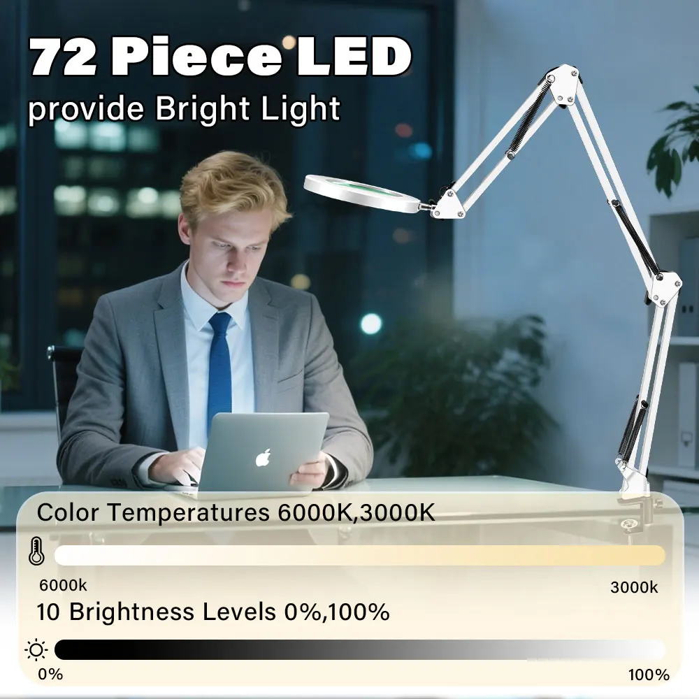 Extra lange Schaukel-Lupenlampe mit 3 Segmenten und 3-farbverstellbaren LED-Leuchten, Lesetischlampe für Schweißreparatur und Naharbeiten