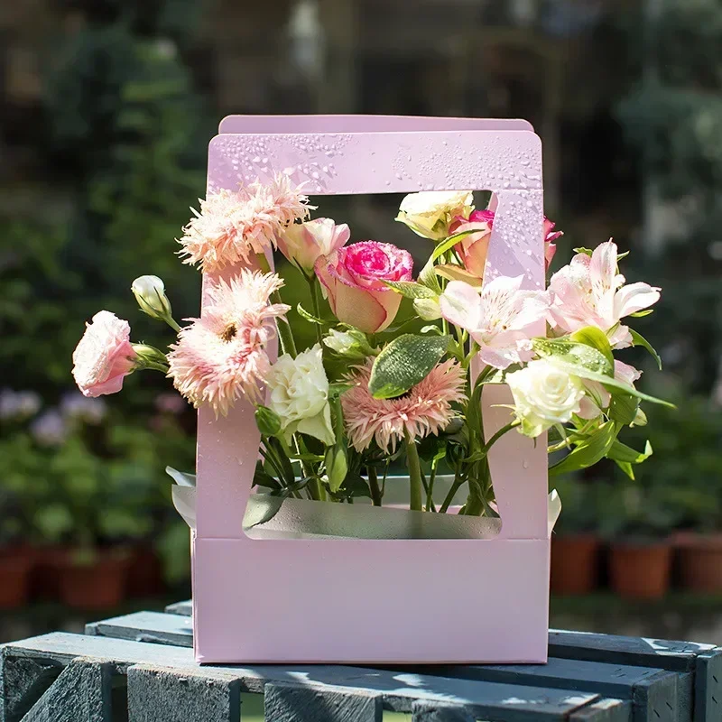 

Flower Gift Box with Handles Floral Packaging Box Waterproof Basket Flower Arrangement Box Florist Packaigng Supplies 5pcs/lot