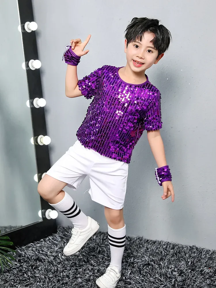 Kids Street Dance Wear Sequined Purple Hip Hop Jazz Costumes Kindergarten Boys Girls Stage Performance Suit Festival Clothing