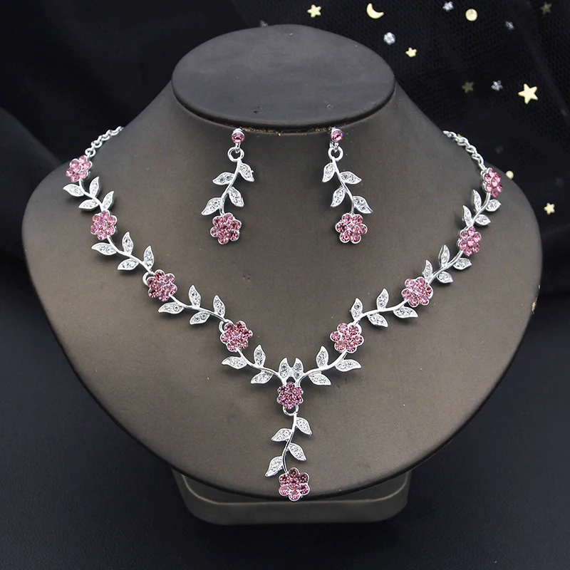 Pink Rhinestone Flower Earrings Choker Necklace set for Women Bridal Jewelry Sets Wedding Costume accessories