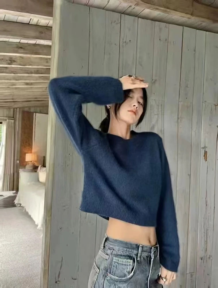 100% Merino Wool Women's Round Neck Short Pullover Loose Autumn Winter Casual Fashion Knitted Cashmere Sweater