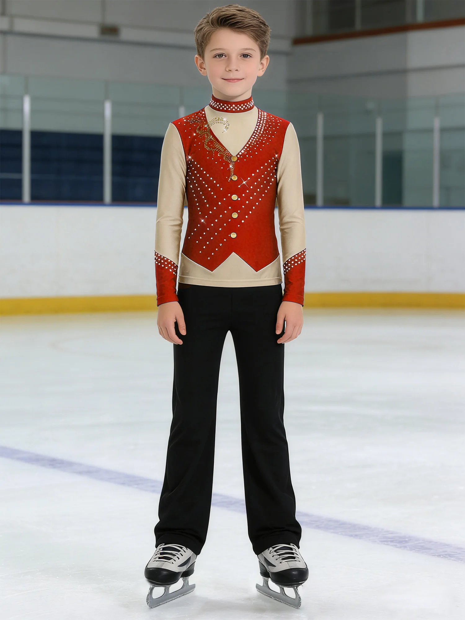 

Kids Boys Ice Figure Skating Competition Costume Jazz Ballroom Dancewear Outfits Sparkly Rhinestones Long Sleeve Top with Pants