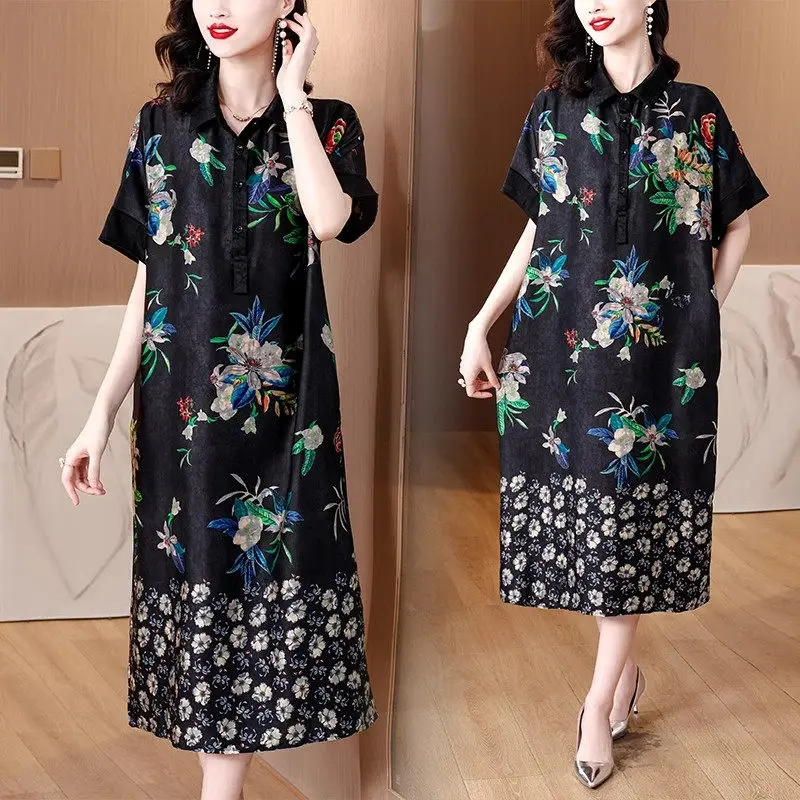 

Straight Oversized Silk Dress Short Sleeve 2023 Summer Loose Fit Mom's Vintage Dress For Women Elegant Printed Clothing Z2541