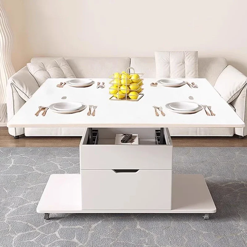 Modern Multifunctional Coffee Table Design Movable White Drawers Coffee Table Storage Wheels Sala Furniture