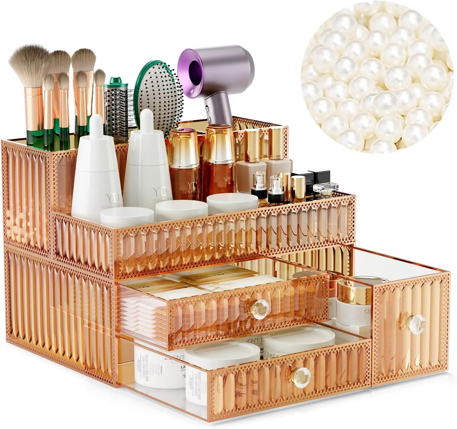 

Makeup Organizer with Tempered Glass Tray for Cosmetics, Skincare, Hair Tools, Perfume & Brushes