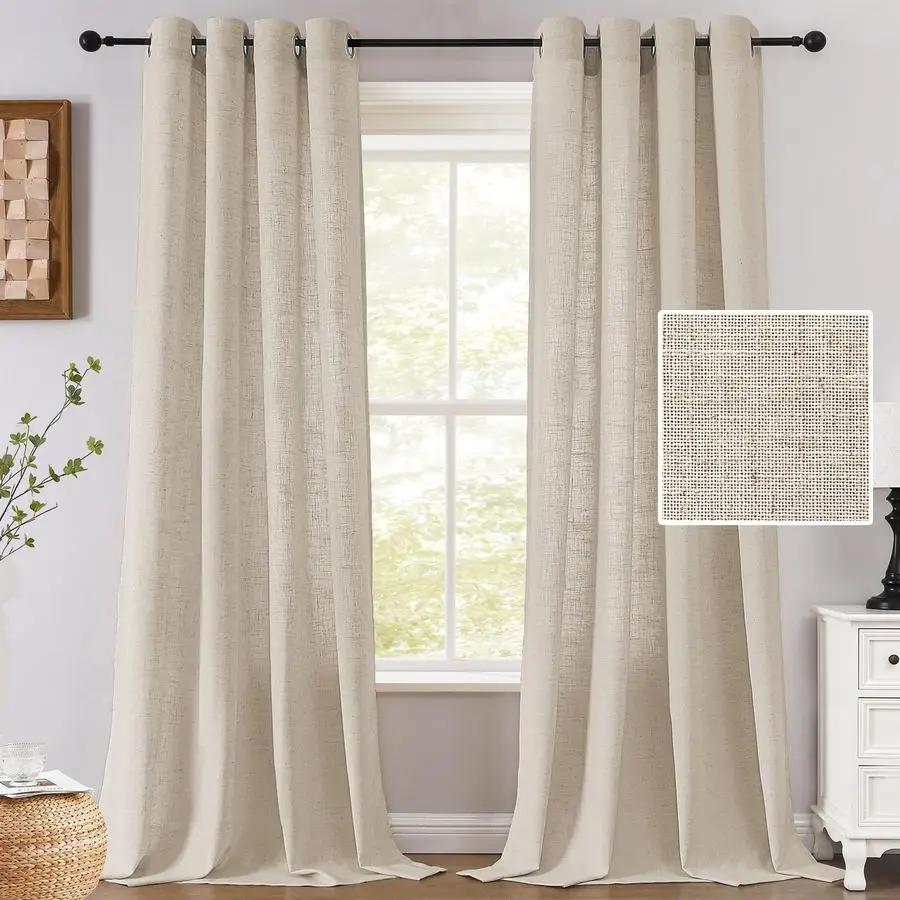 Linen Curtains 84 Inch Length for Living Room 2 Panel Set Neutral Modern Farmhouse Window Privacy Light Filtering Drapes for Far