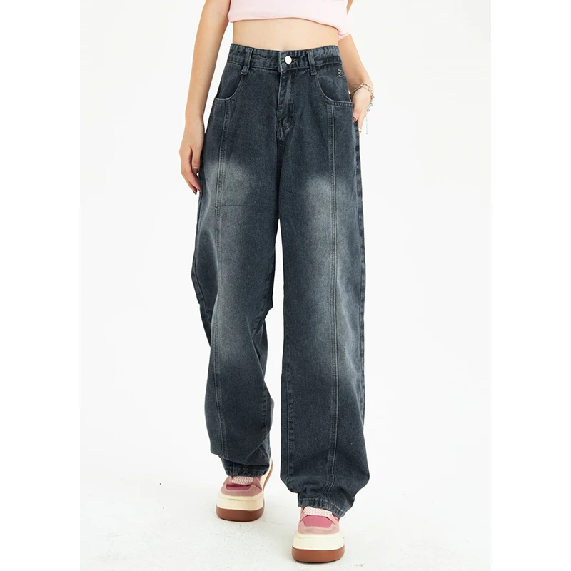 

Vintage Black High Waist Women Jeans Gradient American Fashion Streetwear Wide Leg Jean Denim Trouser Straight Baggy Denim Pants