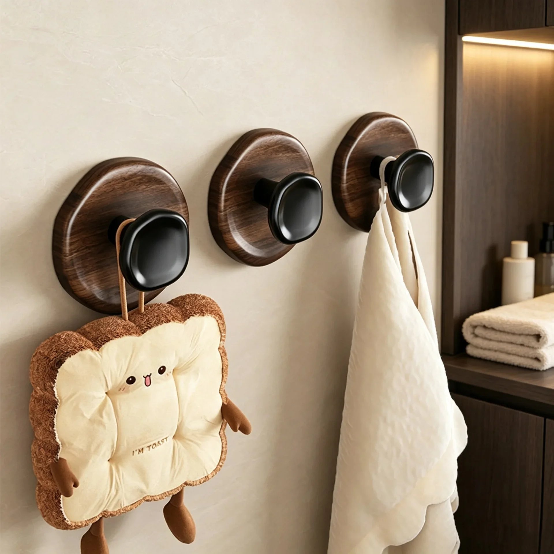 Walnut Wood Grain Adhesive Hook No-drill Strong Load-bearing Stick-on Hook Doors Kitchen Bathroom Hanging Clothes Art Decoration